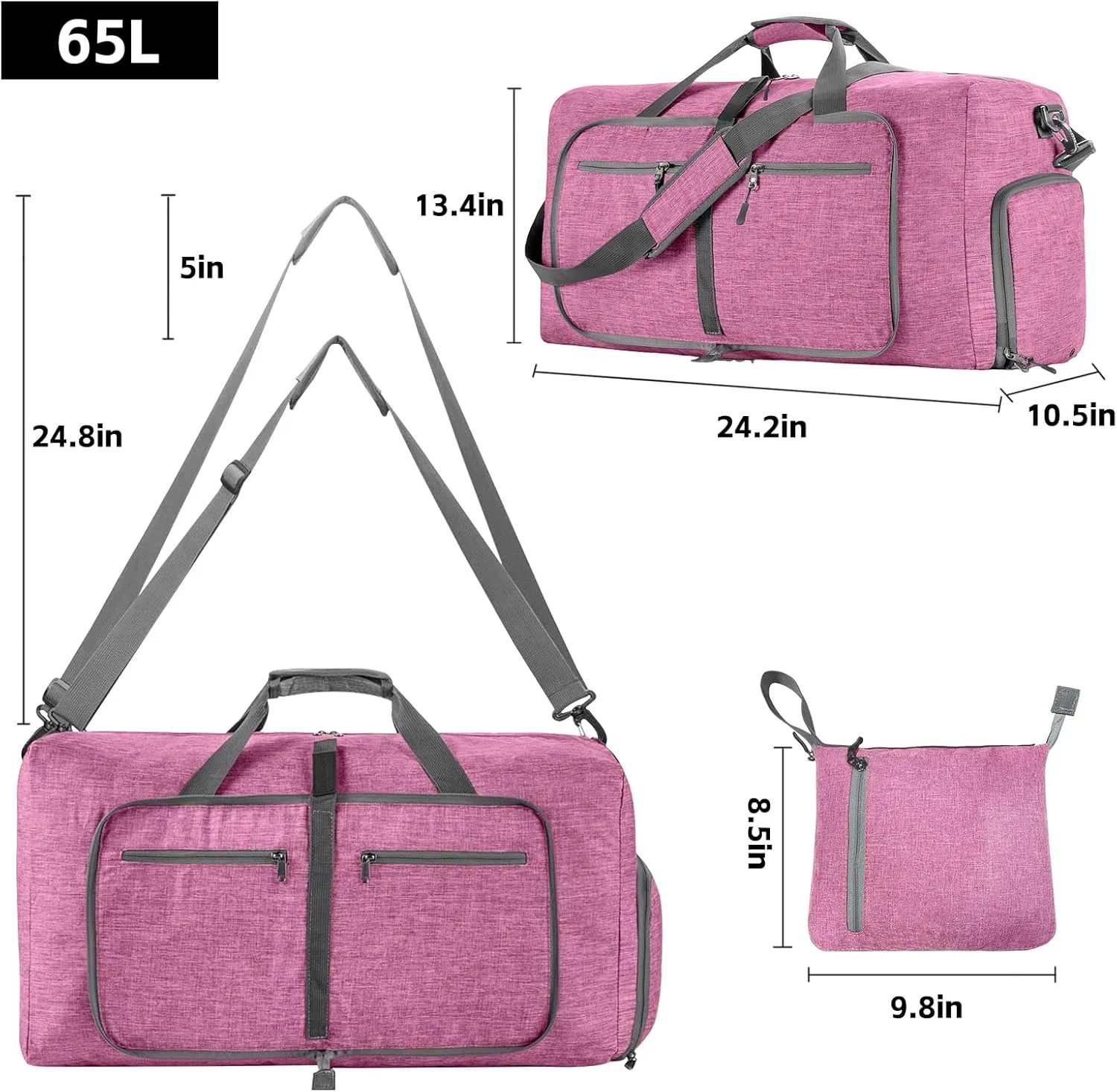 Foldable Travel Duffle Bag for Men, 65L Duffle Bag with Shoes Compartment (Pink)
