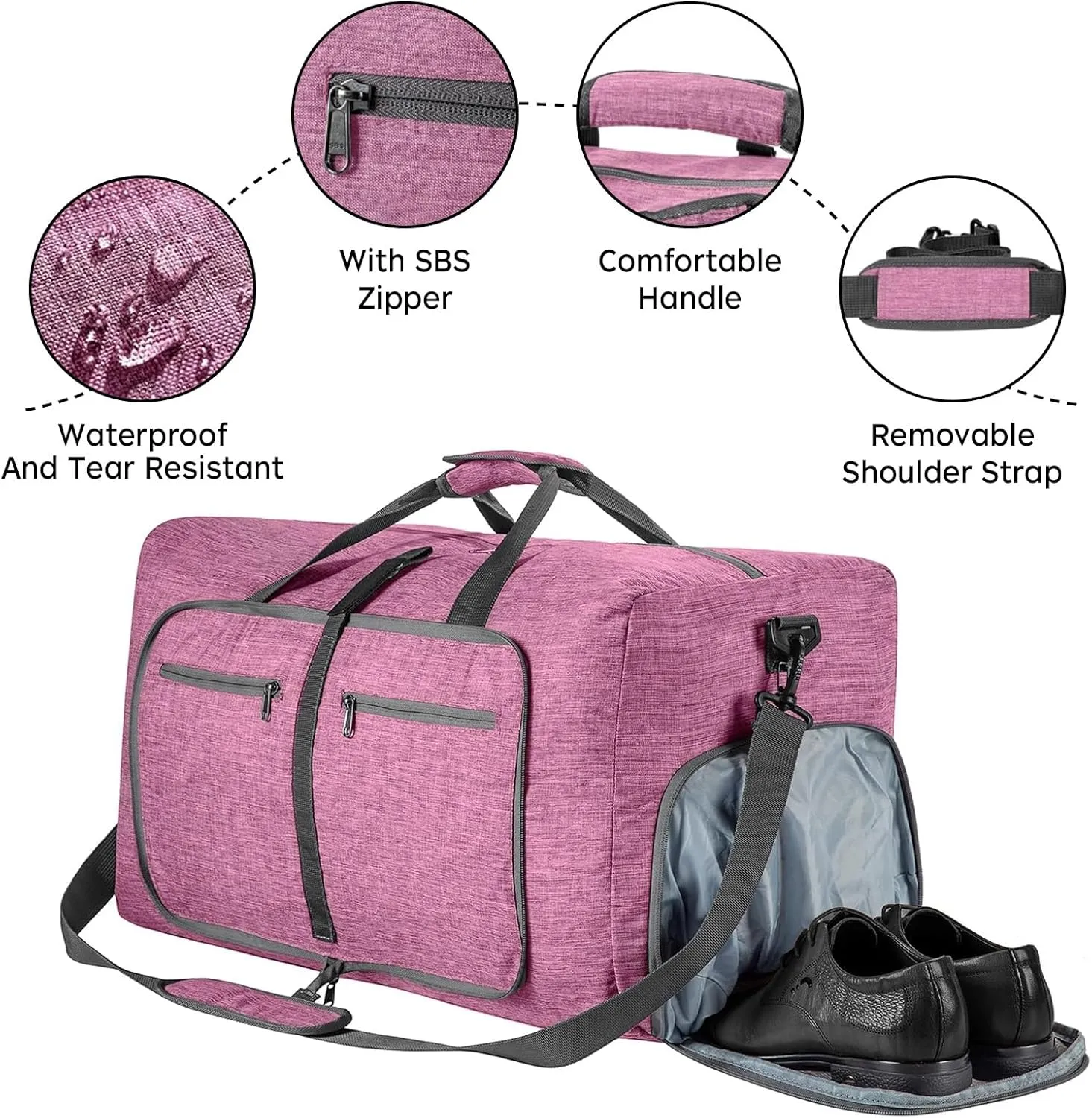 Foldable Travel Duffle Bag for Men, 65L Duffle Bag with Shoes Compartment (Pink)