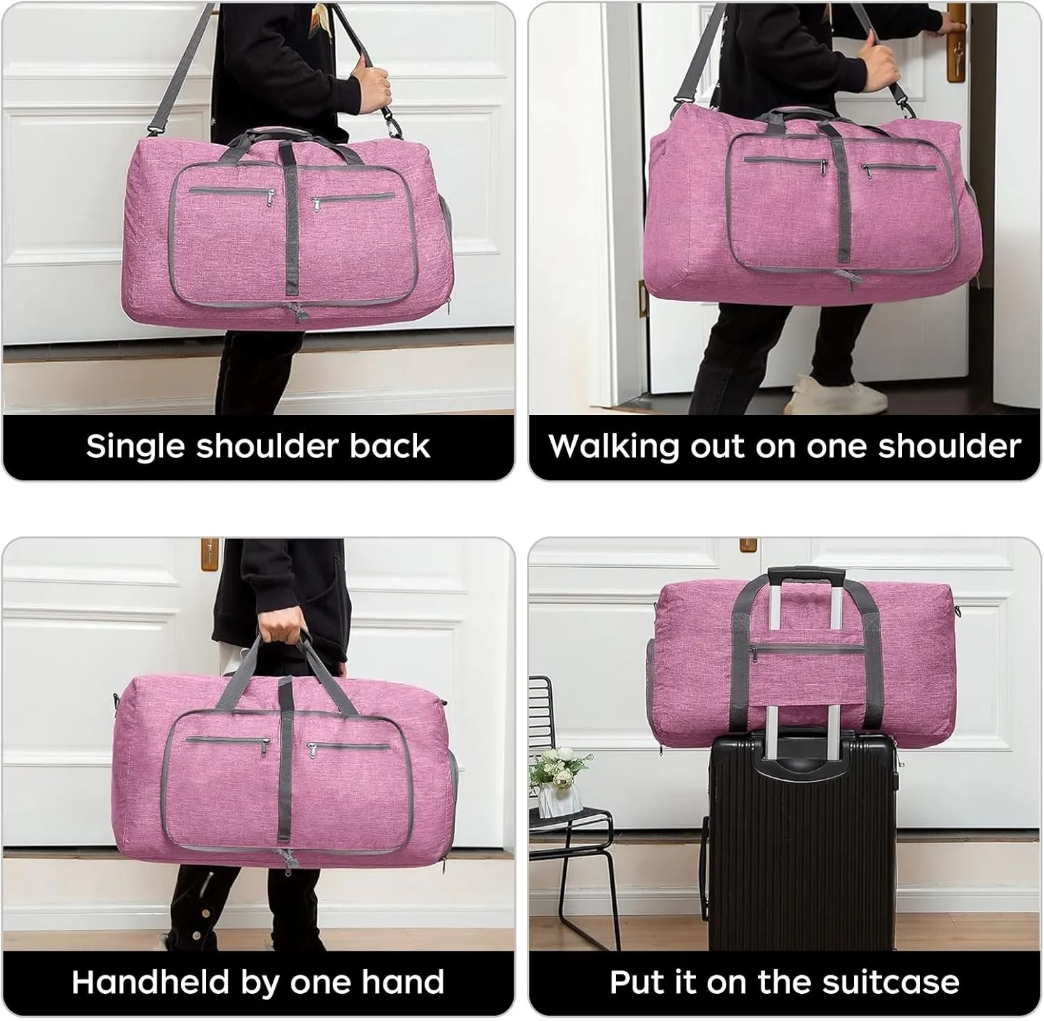 Foldable Travel Duffle Bag for Men, 65L Duffle Bag with Shoes Compartment (Pink)