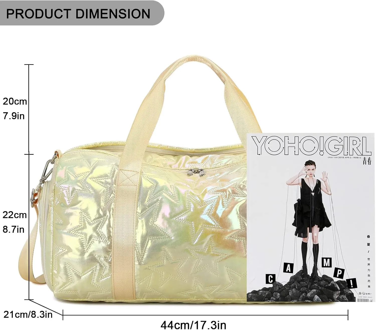Forestfish Dance Bag For Girls, Small Gym Bag With Shoes Compartment Weekender Overnight Bag Travel Lightweight Waterproof, Gold