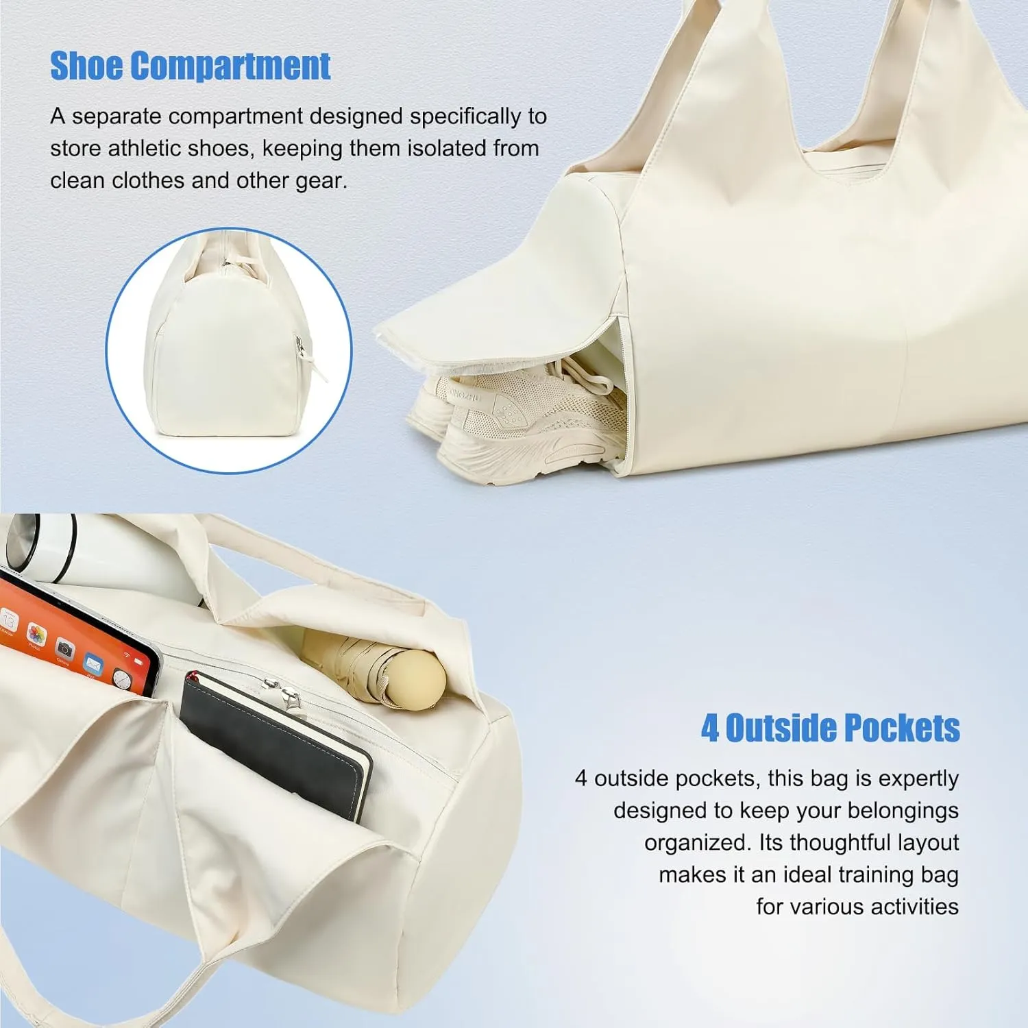 forestfish Yoga Gym Bag for Women with Shoes Compartment & Wet Dry Storage Pockets Lightweight Duffel Bag, Beige