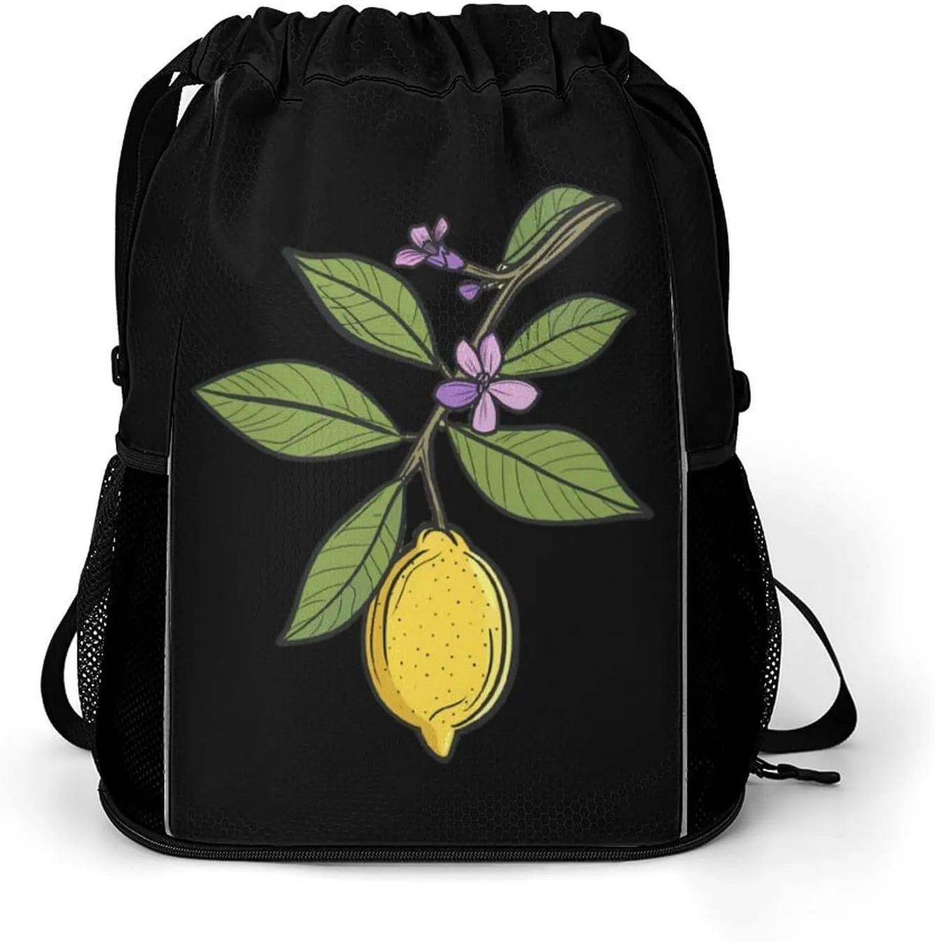 Fresh Lemon And Flowers Drawstring Backpack String Bag Sports Gym Sackpack with Side Pocket Shoes Compartment