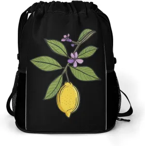Fresh Lemon And Flowers Drawstring Backpack String Bag Sports Gym Sackpack with Side Pocket Shoes Compartment