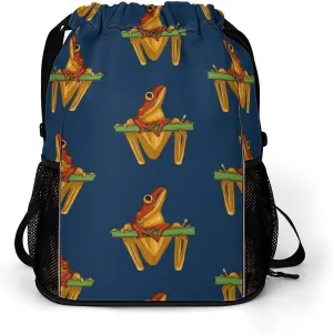 Frogs on Branch Drawstring Backpack String Bag Sports Gym Sackpack with Side Pocket Shoes Compartment