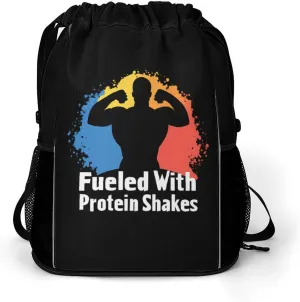 Fueled With Protein Shakes Drawstring Backpack String Bag Sports Gym Sackpack with Side Pocket Shoes Compartment