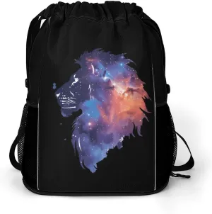 Galaxy Lions Head Drawstring Backpack String Bag Sports Gym Sackpack with Side Pocket Shoes Compartment