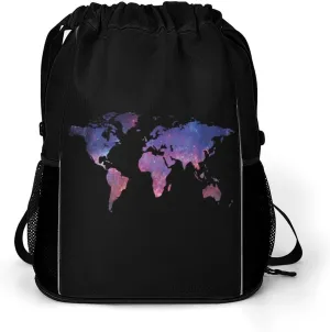 Galaxy World Map Drawstring Backpack String Bag Sports Gym Sackpack with Side Pocket Shoes Compartment