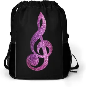 Glittery Music Note Drawstring Backpack String Bag Sports Gym Sackpack with Side Pocket Shoes Compartment