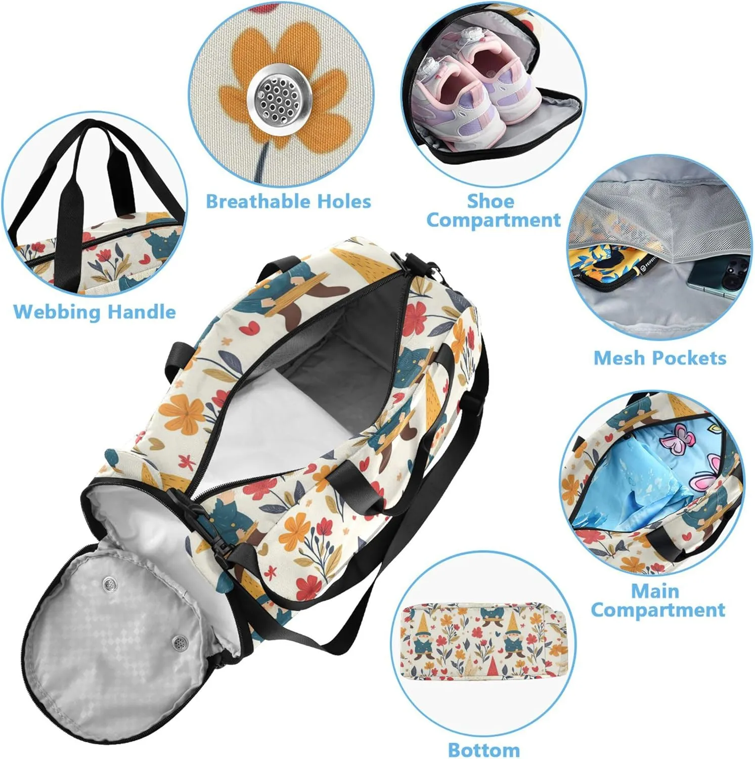 Gnomes Flowers Small Gym Bag with Shoes Compartment Multifunctional Carry On Overnight Bag for Boys and Girls
