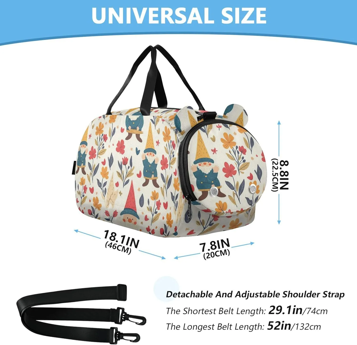 Gnomes Flowers Small Gym Bag with Shoes Compartment Multifunctional Carry On Overnight Bag for Boys and Girls