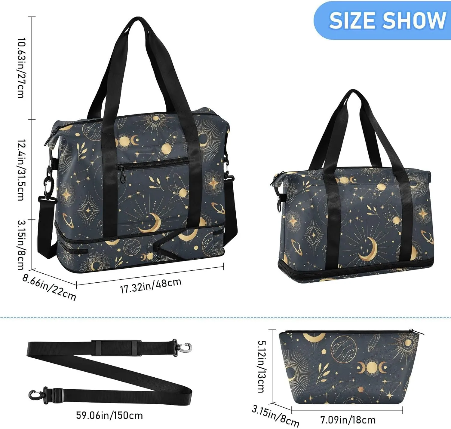Gold Mystical Star Planet Travel Bags Waterproof Travel Bag Carry on with Shoes Compartment