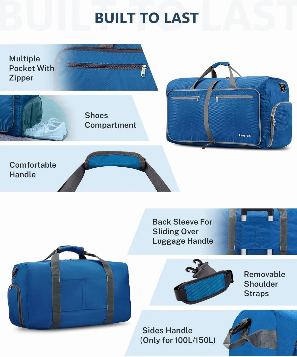 Gonex 40L 60L 80L 100L 150L Large Foldable Travel Duffle Bag with Shoes Compartment, Packable Lightweight Water Repellent Duffel Bag for Camping Gym Weekender Bag, Deep Blue, 40L, Shoes Compartment