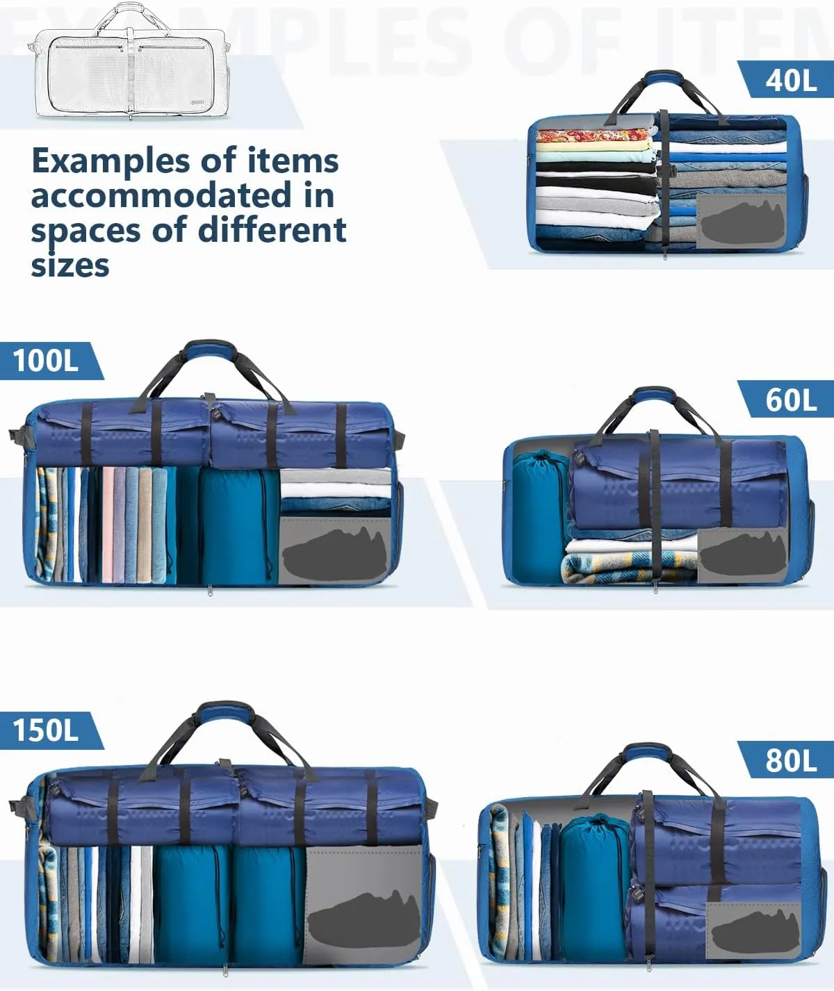 Gonex 40L 60L 80L 100L 150L Large Foldable Travel Duffle Bag with Shoes Compartment, Packable Lightweight Water Repellent Duffel Bag for Camping Gym Weekender Bag, Deep Blue, 40L, Shoes Compartment