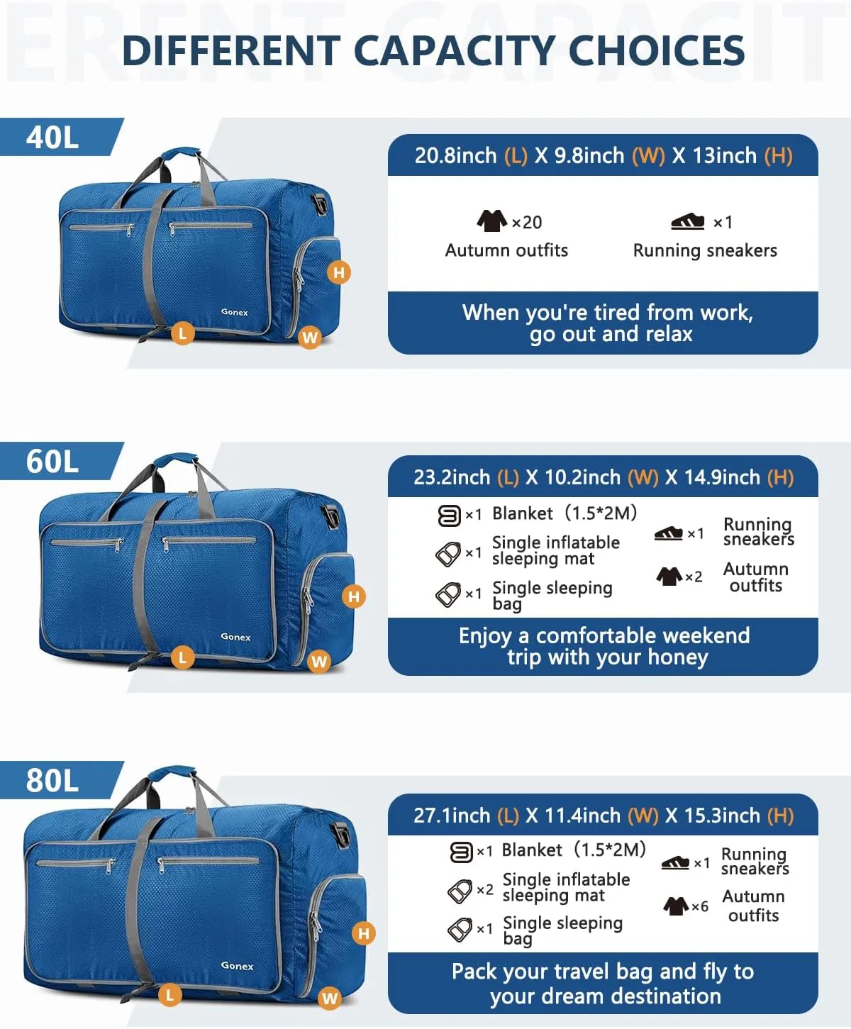 Gonex 40L 60L 80L 100L 150L Large Foldable Travel Duffle Bag with Shoes Compartment, Packable Lightweight Water Repellent Duffel Bag for Camping Gym Weekender Bag, Deep Blue, 40L, Shoes Compartment