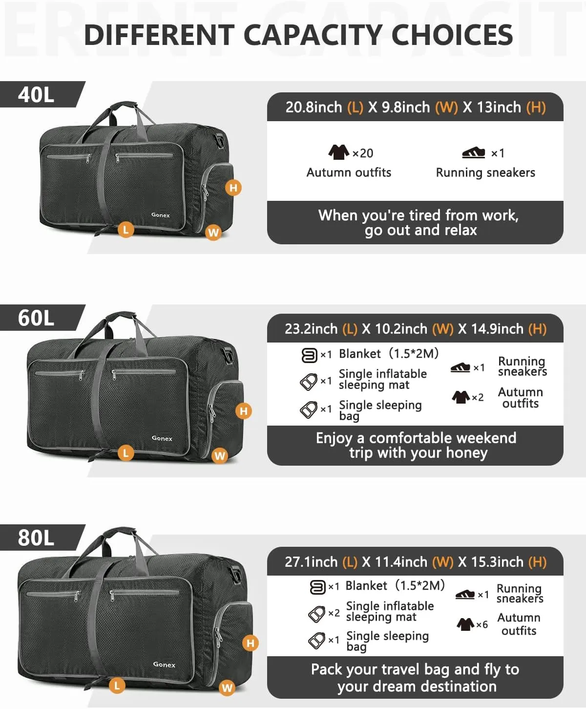Gonex 40L 60L 80L 100L 150L Large Foldable Travel Duffle Bag with Shoes Compartment, Packable Lightweight Water Repellent Duffel Bag for Camping Gym Weekender Bag, Gray, 40L, Shoes Compartment