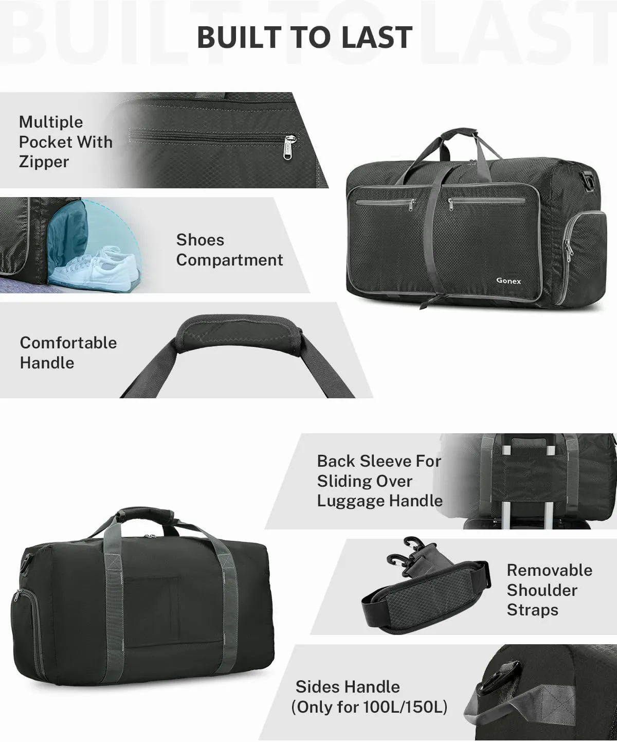 Gonex 40L 60L 80L 100L 150L Large Foldable Travel Duffle Bag with Shoes Compartment, Packable Lightweight Water Repellent Duffel Bag for Camping Gym Weekender Bag, Gray, 40L, Shoes Compartment