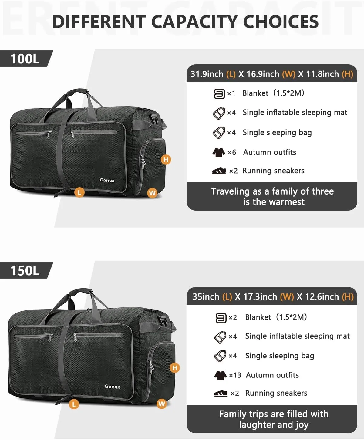 Gonex 40L 60L 80L 100L 150L Large Foldable Travel Duffle Bag with Shoes Compartment, Packable Lightweight Water Repellent Duffel Bag for Camping Gym Weekender Bag, Gray, 40L, Shoes Compartment