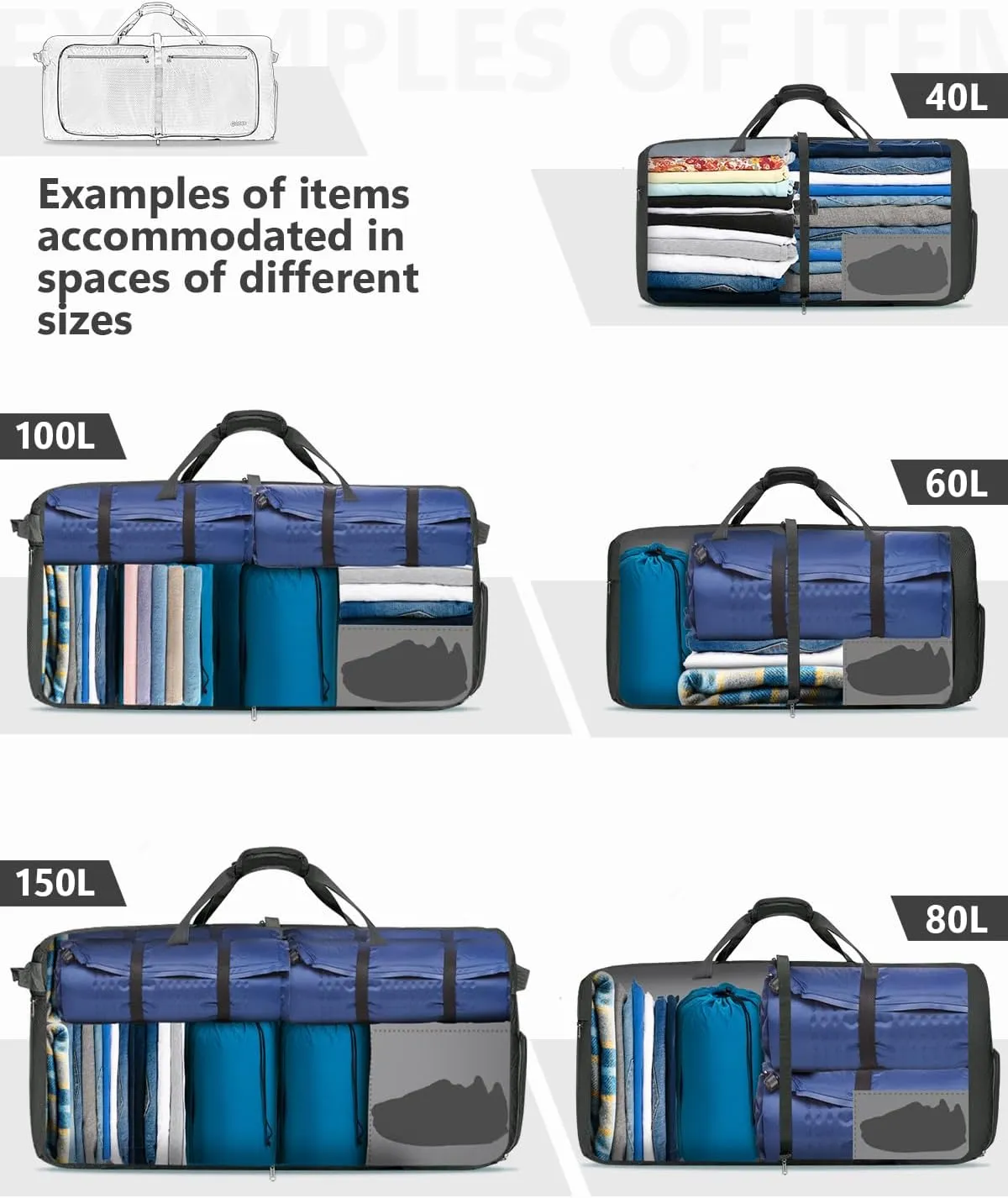 Gonex 40L 60L 80L 100L 150L Large Foldable Travel Duffle Bag with Shoes Compartment, Packable Lightweight Water Repellent Duffel Bag for Camping Gym Weekender Bag, Gray, 40L, Shoes Compartment
