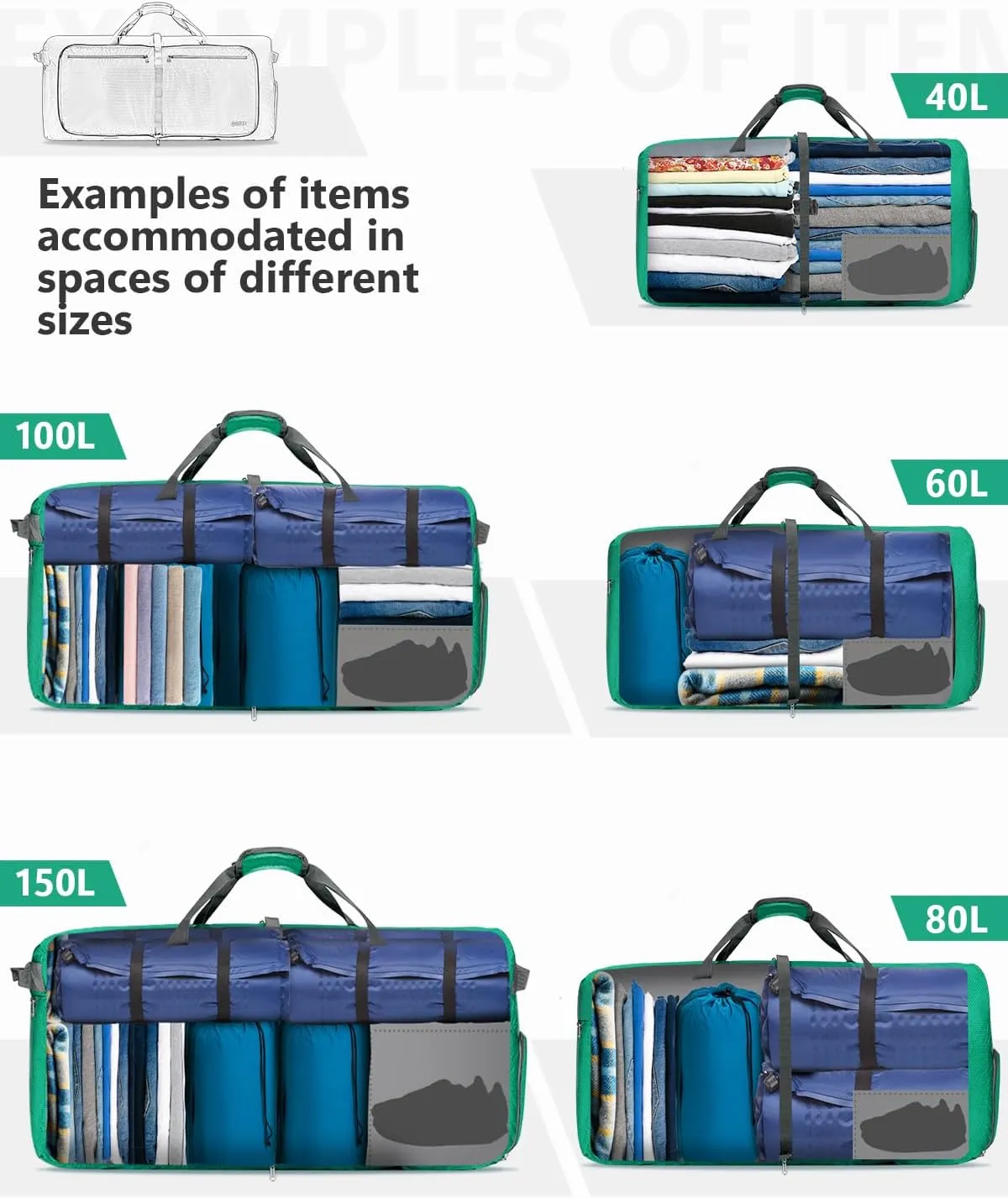Gonex 40L 60L 80L 100L 150L Large Foldable Travel Duffle Bag with Shoes Compartment, Packable Lightweight Water Repellent Duffel Bag for Camping Gym Weekender Bag, Mint Green, 60L, Shoes Compartment