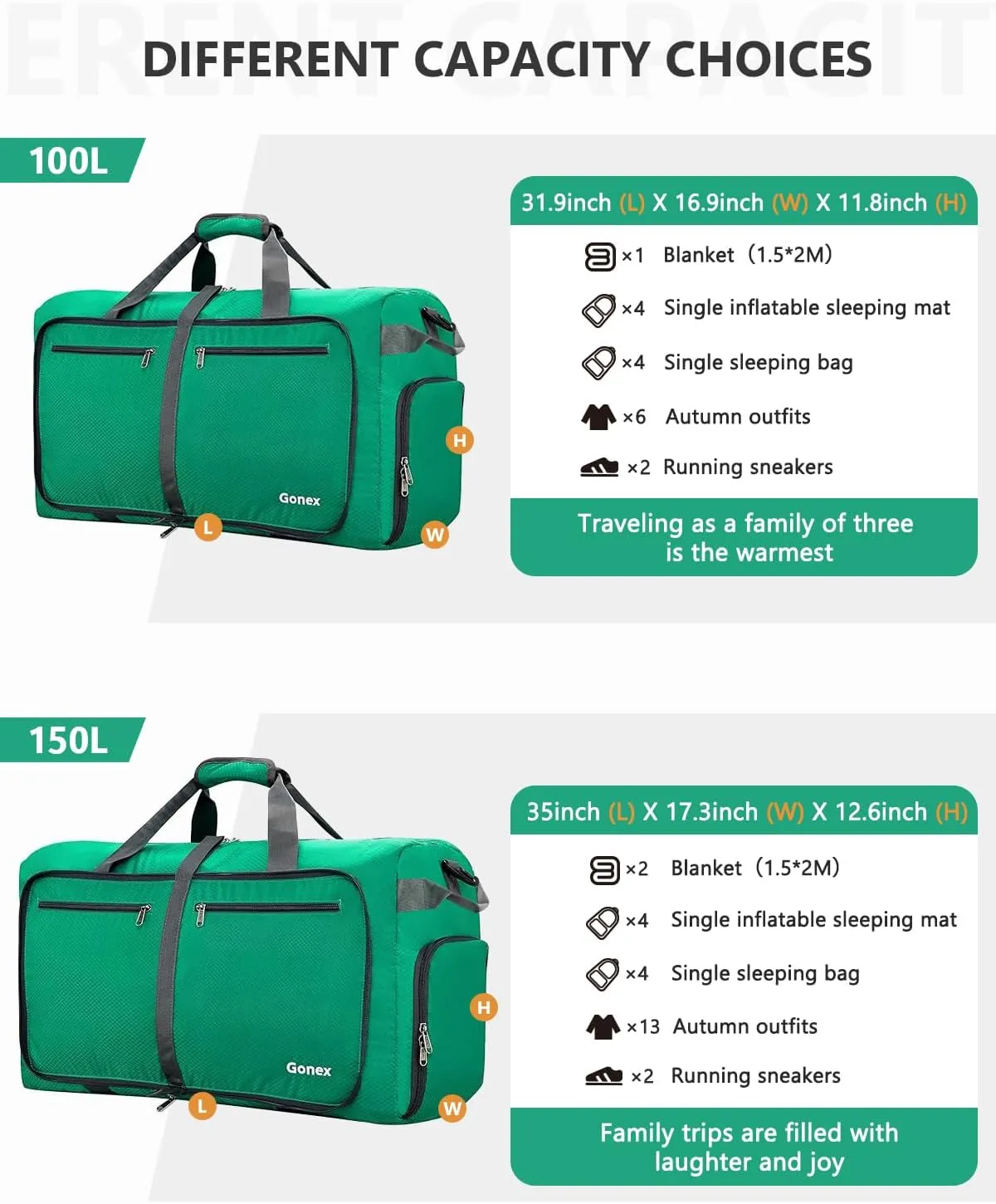 Gonex 40L 60L 80L 100L 150L Large Foldable Travel Duffle Bag with Shoes Compartment, Packable Lightweight Water Repellent Duffel Bag for Camping Gym Weekender Bag, Mint Green, 60L, Shoes Compartment