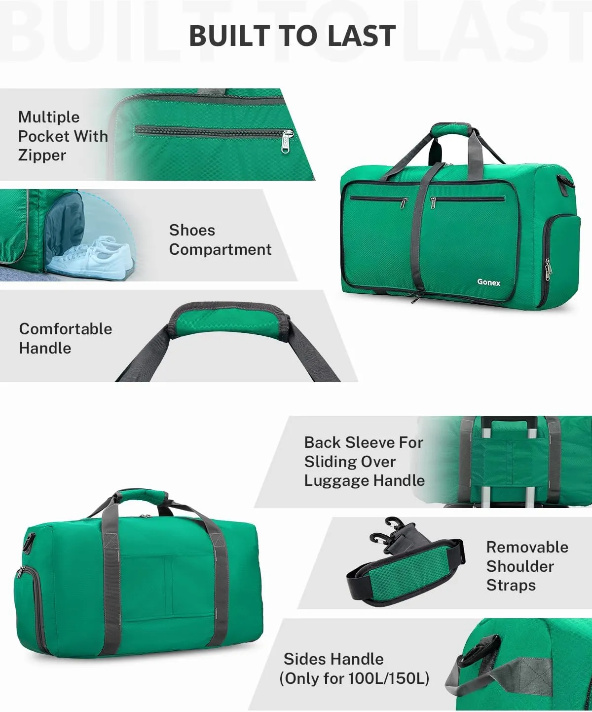 Gonex 40L 60L 80L 100L 150L Large Foldable Travel Duffle Bag with Shoes Compartment, Packable Lightweight Water Repellent Duffel Bag for Camping Gym Weekender Bag, Mint Green, 60L, Shoes Compartment
