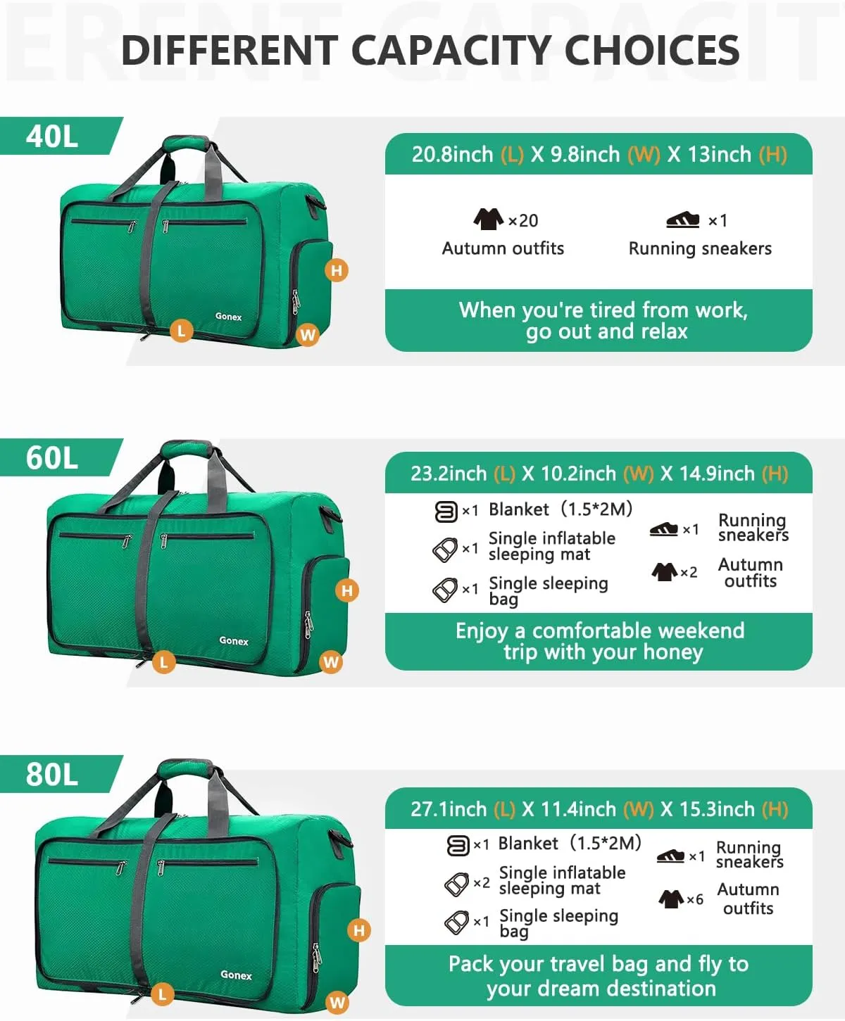 Gonex 40L 60L 80L 100L 150L Large Foldable Travel Duffle Bag with Shoes Compartment, Packable Lightweight Water Repellent Duffel Bag for Camping Gym Weekender Bag, Mint Green, 60L, Shoes Compartment