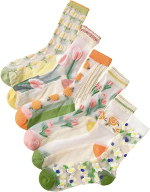 GORGLITTER Women's 4 Pairs Sheer Mesh Flower Patterned Thin Casual Crew Socks Transparent Cute Summer Socks
