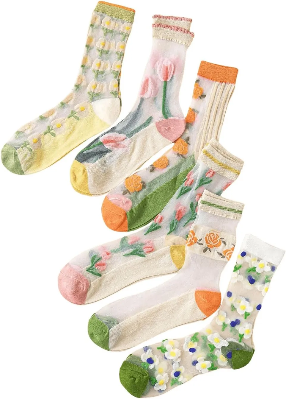 GORGLITTER Women's 4 Pairs Sheer Mesh Flower Patterned Thin Casual Crew Socks Transparent Cute Summer Socks