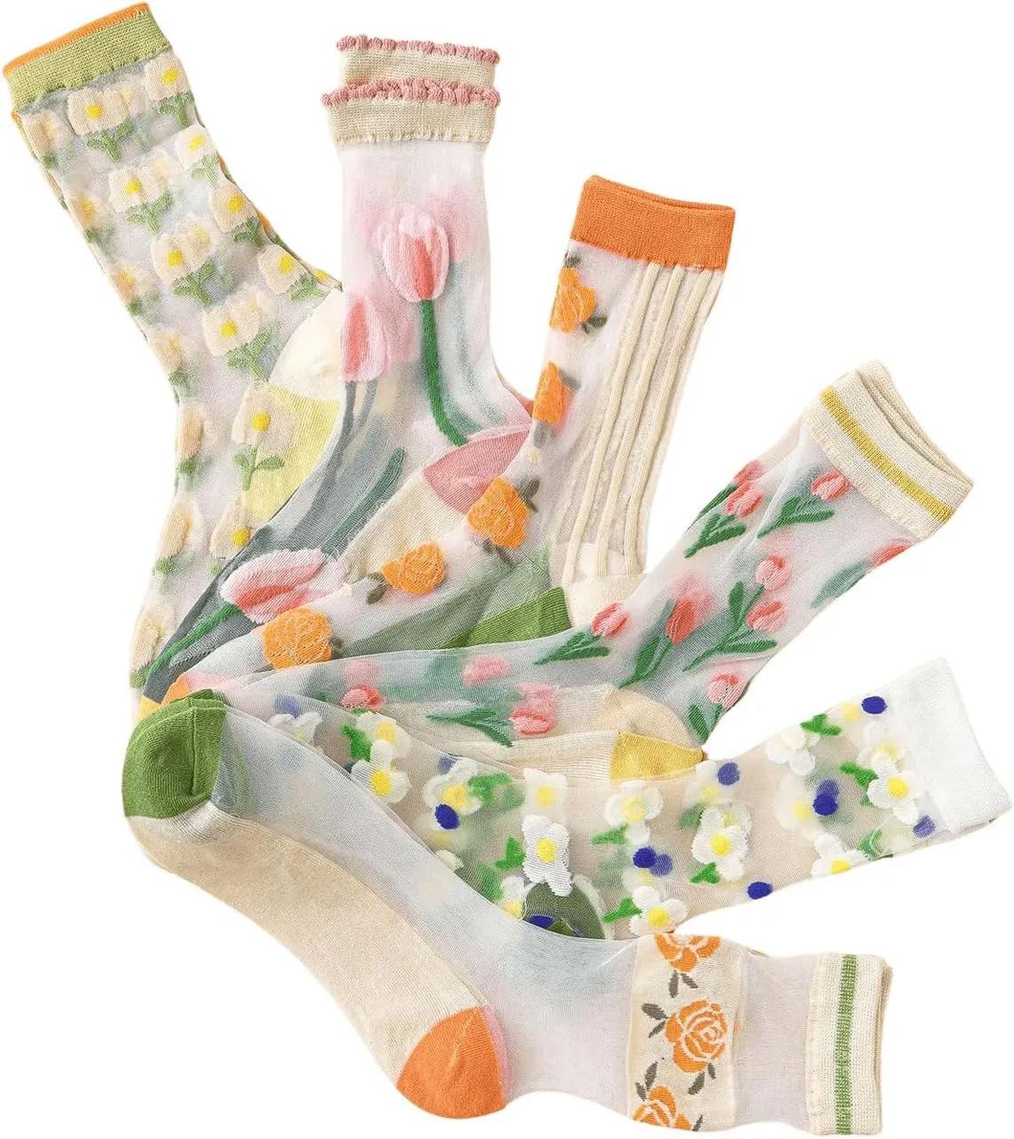 GORGLITTER Women's 4 Pairs Sheer Mesh Flower Patterned Thin Casual Crew Socks Transparent Cute Summer Socks