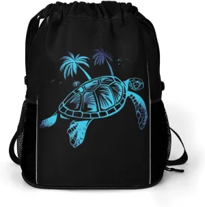 Gradie Sea Turtle With Palm Trees Drawstring Backpack String Bag Sports Gym Sackpack with Side Pocket Shoes Compartment