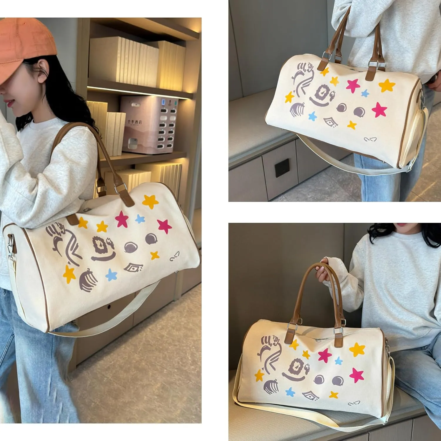 Gym Bag for Women, Sports Tote, Shoulder Weekender Overnight Travel Duffel Bag with Shoes Compartment & Wet Pocket (White)
