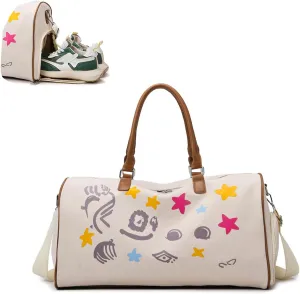 Gym Bag for Women, Sports Tote, Shoulder Weekender Overnight Travel Duffel Bag with Shoes Compartment & Wet Pocket (White)