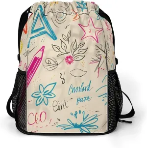 Hand Drawn Crayon Doodles Drawstring Backpack String Bag Sports Gym Sackpack with Side Pocket Shoes Compartment