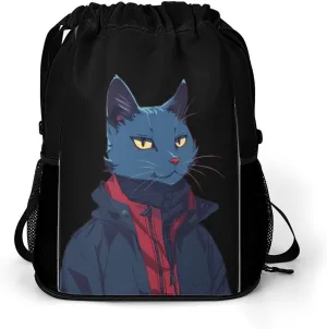 Handsome Meow Cat Drawstring Backpack String Bag Sports Gym Sackpack with Side Pocket Shoes Compartment