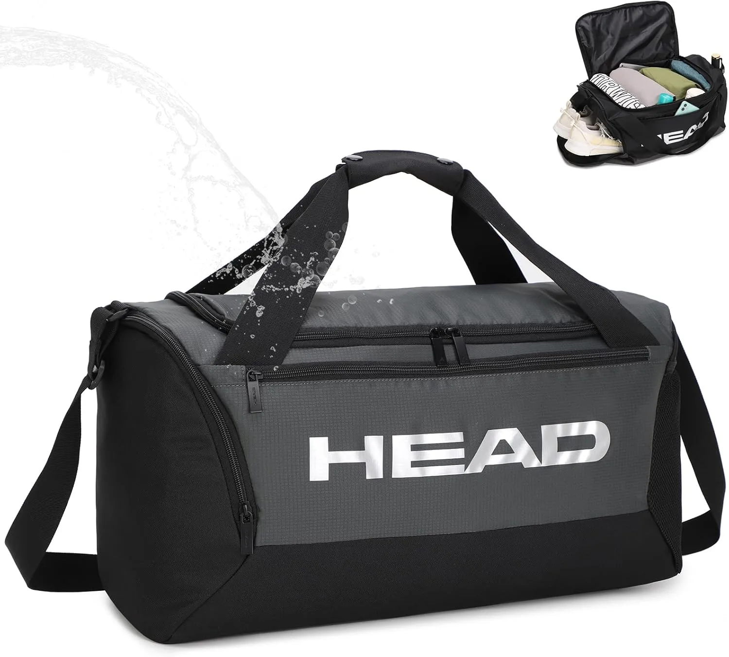 HEAD 45L Waterproof Travel Duffel Bag for Men, Large Capacity Sports Gym Bags with Shoes Compartment, Grey
