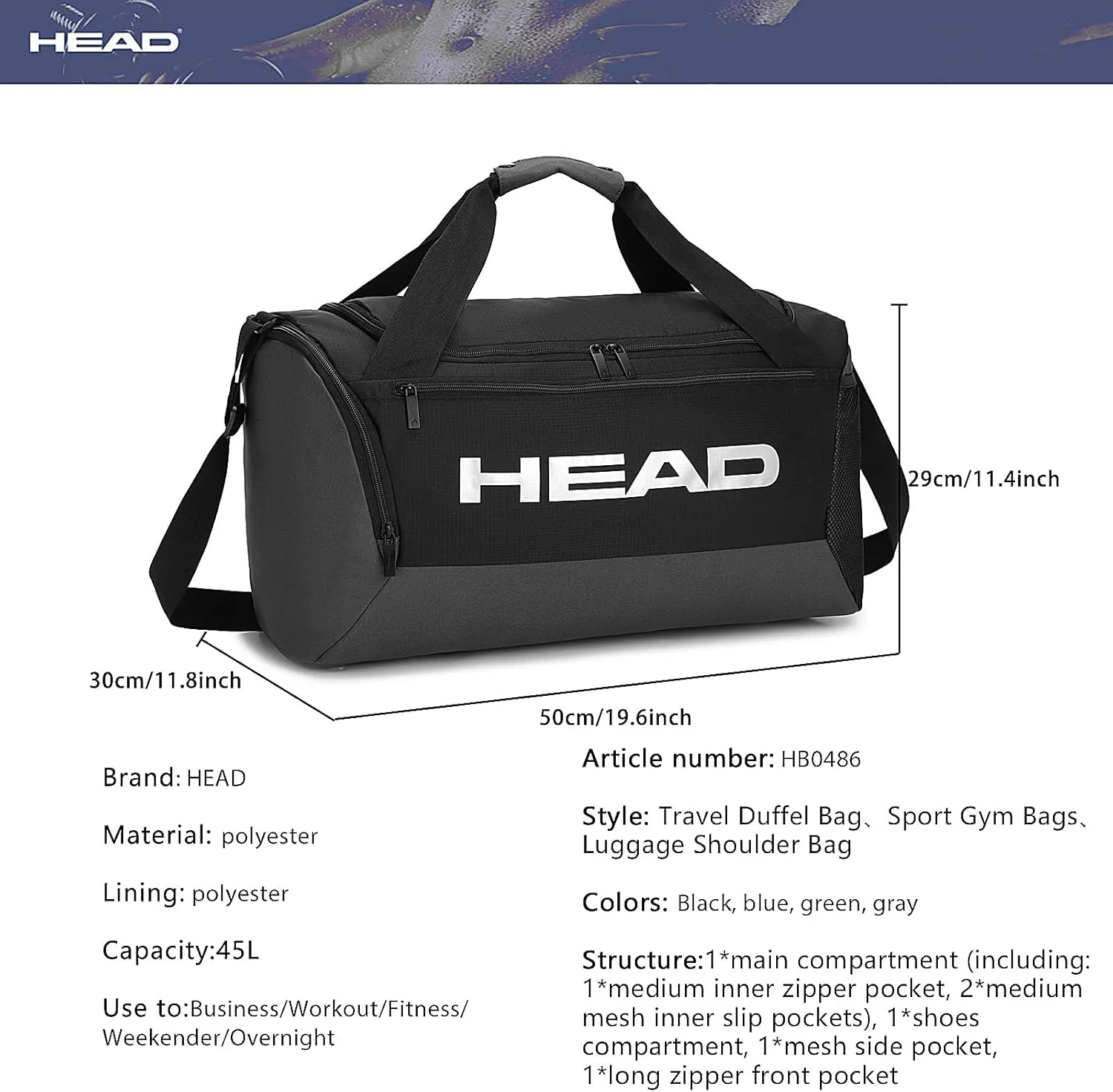 HEAD 45L Waterproof Travel Duffel Bag for Men, Large Capacity Sports Gym Bags with Shoes Compartment, Grey