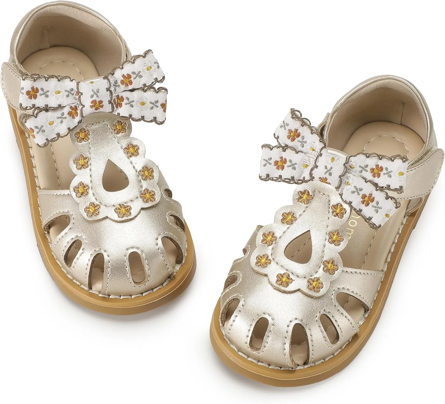 Hehainom Toddler Girls Sandals Closed Toe Bow Flower Girl Summer Shoes Little Kids Flats Sandals