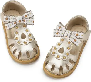 Hehainom Toddler Girls Sandals Closed Toe Bow Flower Girl Summer Shoes Little Kids Flats Sandals