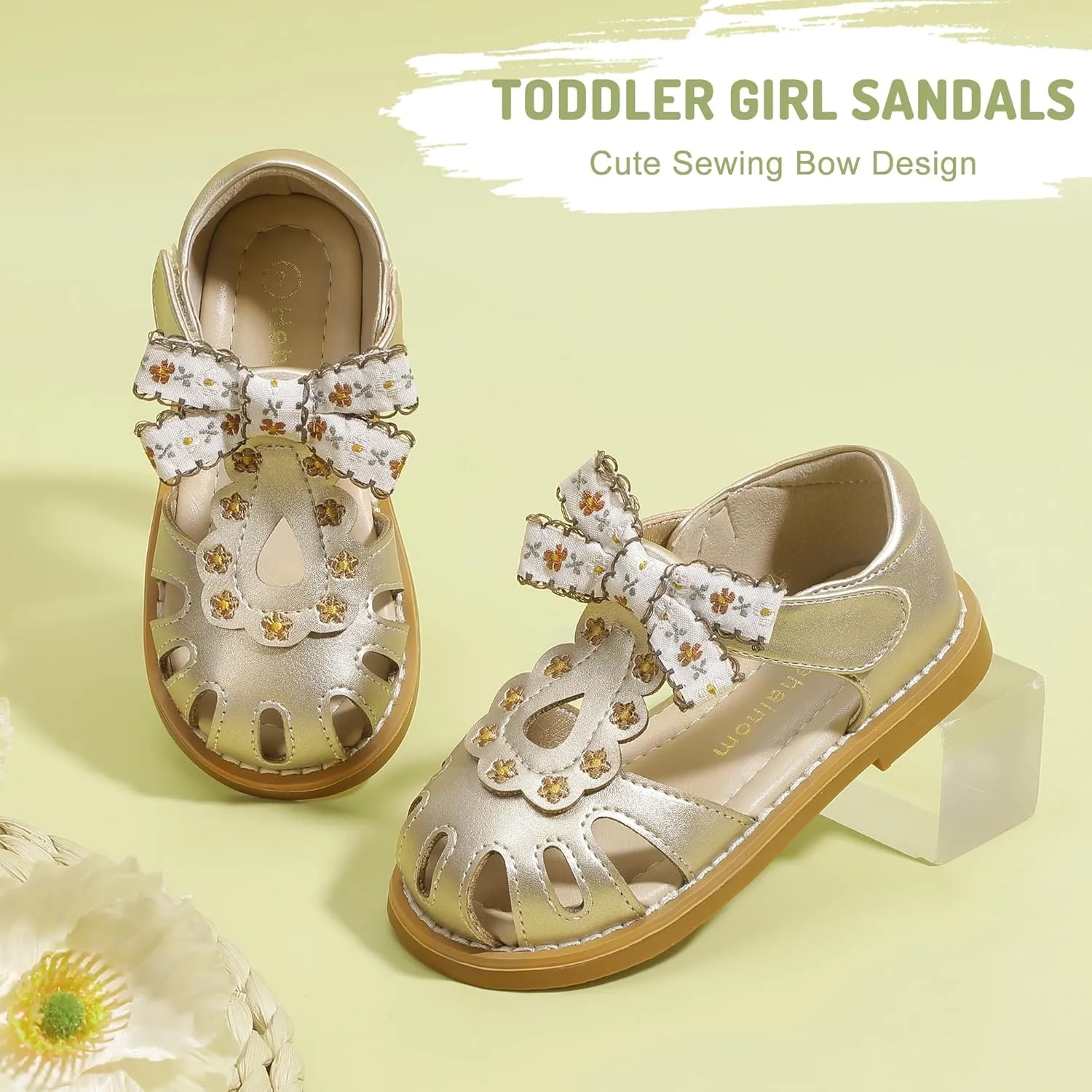 Hehainom Toddler Girls Sandals Closed Toe Bow Flower Girl Summer Shoes Little Kids Flats Sandals