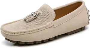 HOOENG Driving Moccasins for Men Genuine Leather Stitching Details Round Toe Tassel Suede Vamp Perforated Flexible Lightweight Flat Heel Driving Slip On (Color : Khaki, Size : 7)