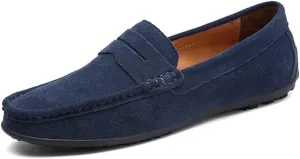 HOOENG Driving Moccasins Loafer Shoes for Men Genuine Leather Round Toe Stitching Details Suede Vamp Rubber Sole Penny Loafer Lightweight Anti-Slip Outdoor (Color : Dark Blue, Size : 9)