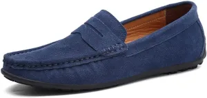 HOOENG Driving Moccasins Loafer Shoes for Men Genuine Leather Round Toe Stitching Details Suede Vamp Rubber Sole Penny Loafer Lightweight Anti-Slip Outdoor (Color : Deep Blue, Size : 10)