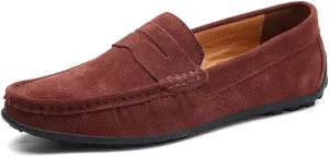 HOOENG Driving Moccasins Loafer Shoes for Men Genuine Leather Round Toe Stitching Details Suede Vamp Rubber Sole Penny Loafer Lightweight Anti-Slip Outdoor