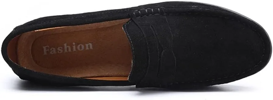 HOOENG Driving Moccasins Loafer Shoes for Men Genuine Leather Round Toe Stitching Details Suede Vamp Rubber Sole Penny Loafer Lightweight Anti-Slip Outdoor