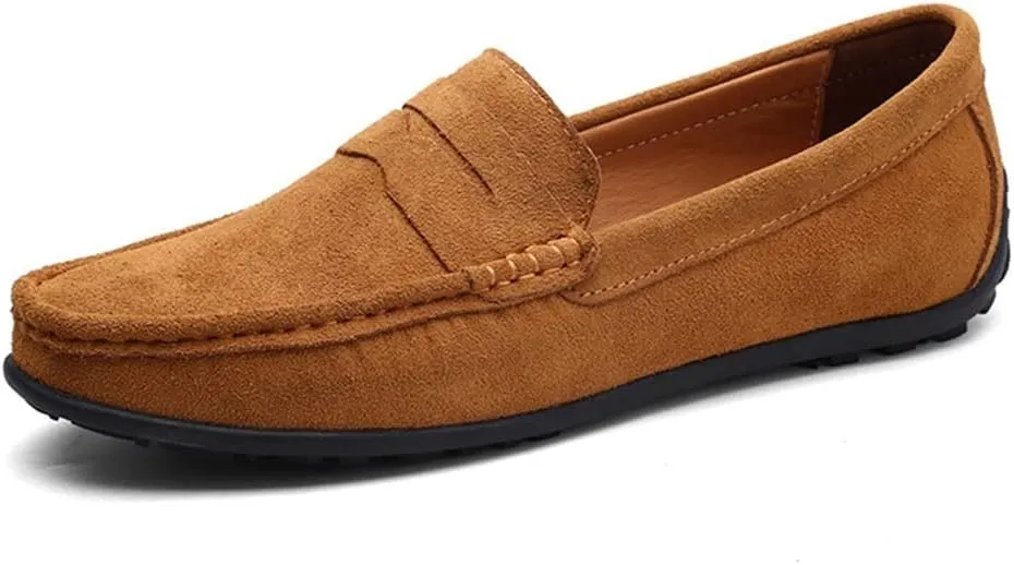 HOOENG Driving Moccasins Loafer Shoes for Men Genuine Leather Round Toe Stitching Details Suede Vamp Rubber Sole Penny Loafer Lightweight Anti-Slip Outdoor