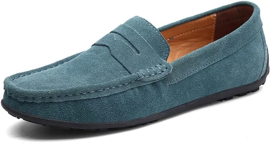 HOOENG Driving Moccasins Loafer Shoes for Men Genuine Leather Round Toe Stitching Details Suede Vamp Rubber Sole Penny Loafer Lightweight Anti-Slip Outdoor