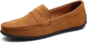 HOOENG Driving Moccasins Loafer Shoes for Men Genuine Leather Round Toe Stitching Details Suede Vamp Rubber Sole Penny Loafer Lightweight Anti-Slip Outdoor
