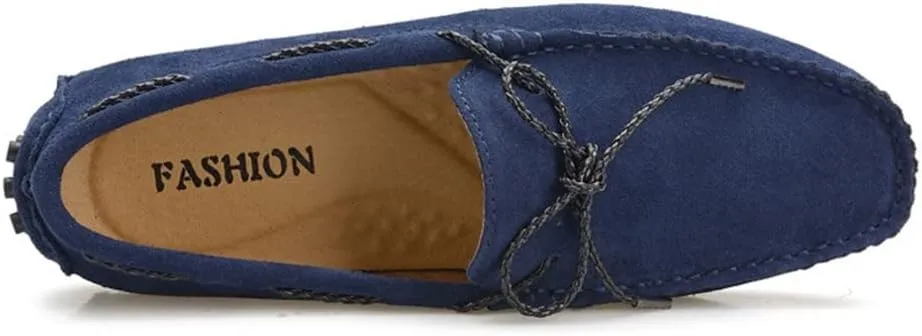 HOOENG Loafer Shoes Driving Moccasins for Men Genuine Leather Round Toe Stitching Details Deck Shoes Rubber Sole Suede Vamp Flexible Anti-Slip Flat Heel
