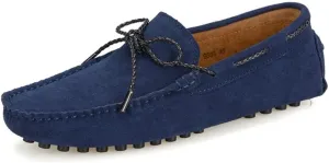 HOOENG Loafer Shoes Driving Moccasins for Men Genuine Leather Round Toe Stitching Details Deck Shoes Rubber Sole Suede Vamp Flexible Anti-Slip Flat Heel