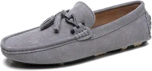 HOOENG Loafer Shoes Driving Moccasins for Men Tassel Suede Vamp Genuine Leather Stitching Details Round Toe Resistant Flat Heel Comfortable Casual Slip on (Color : Grey, Size : 9)